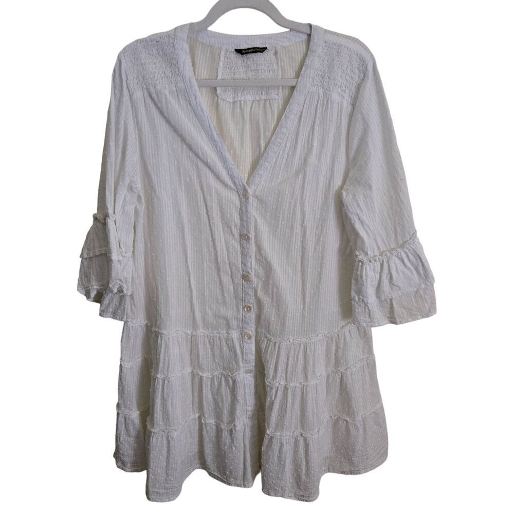 Spiaggia Dolce White Swiss Dot 3/4 Tiered Sleeve Lightweight Mini Dress Size L